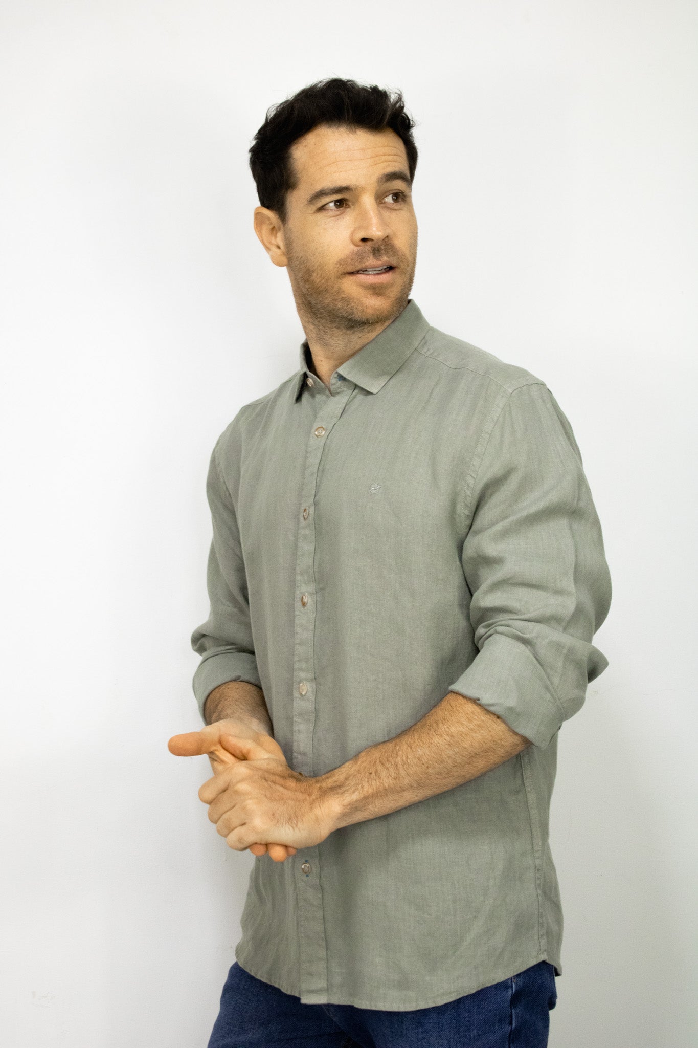 CAMISA LINO MANGA LARGA VERDE PARA HOMBRE