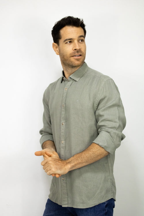 CAMISA LINO MANGA LARGA VERDE PARA HOMBRE