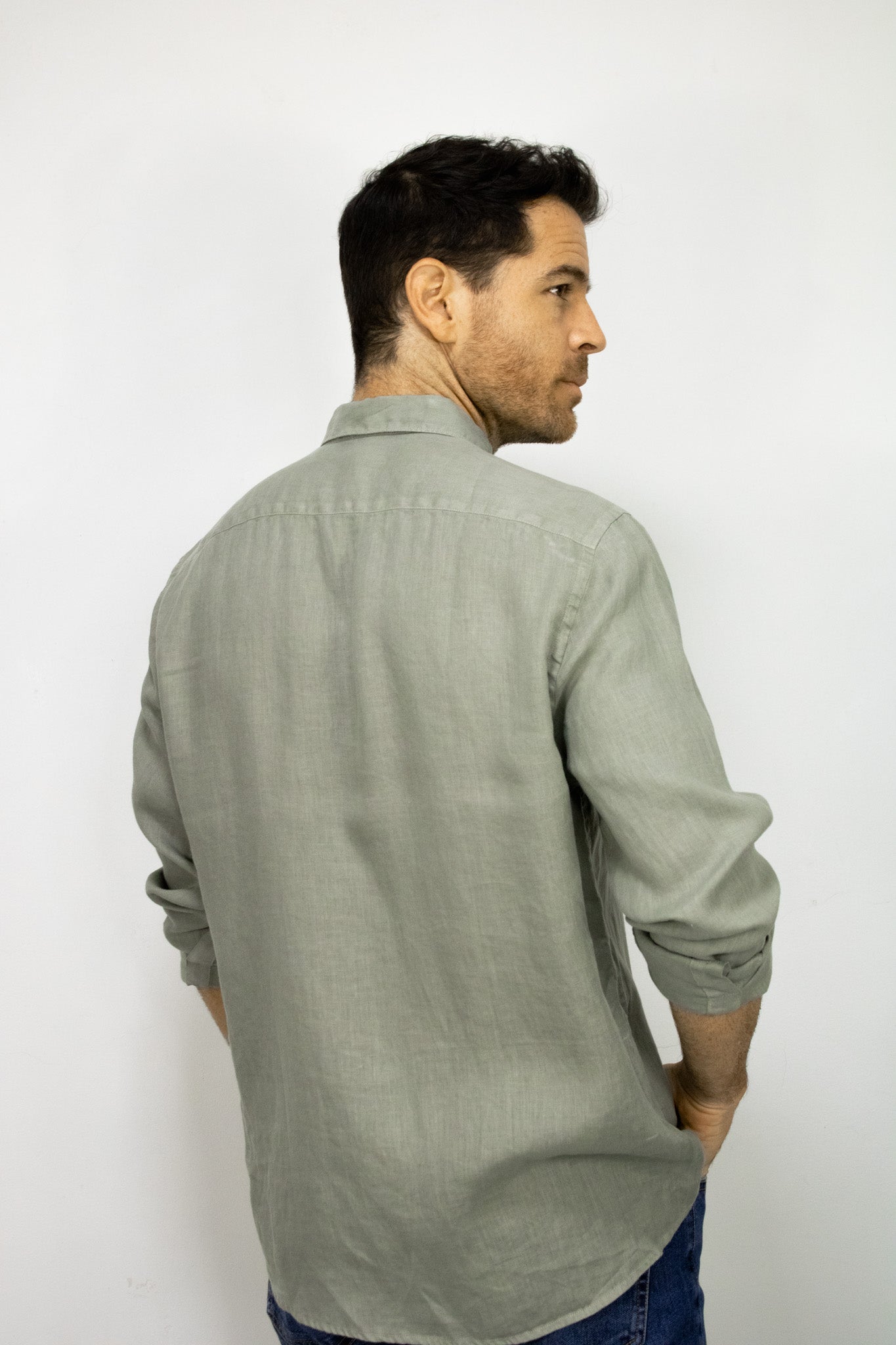 CAMISA LINO MANGA LARGA VERDE PARA HOMBRE