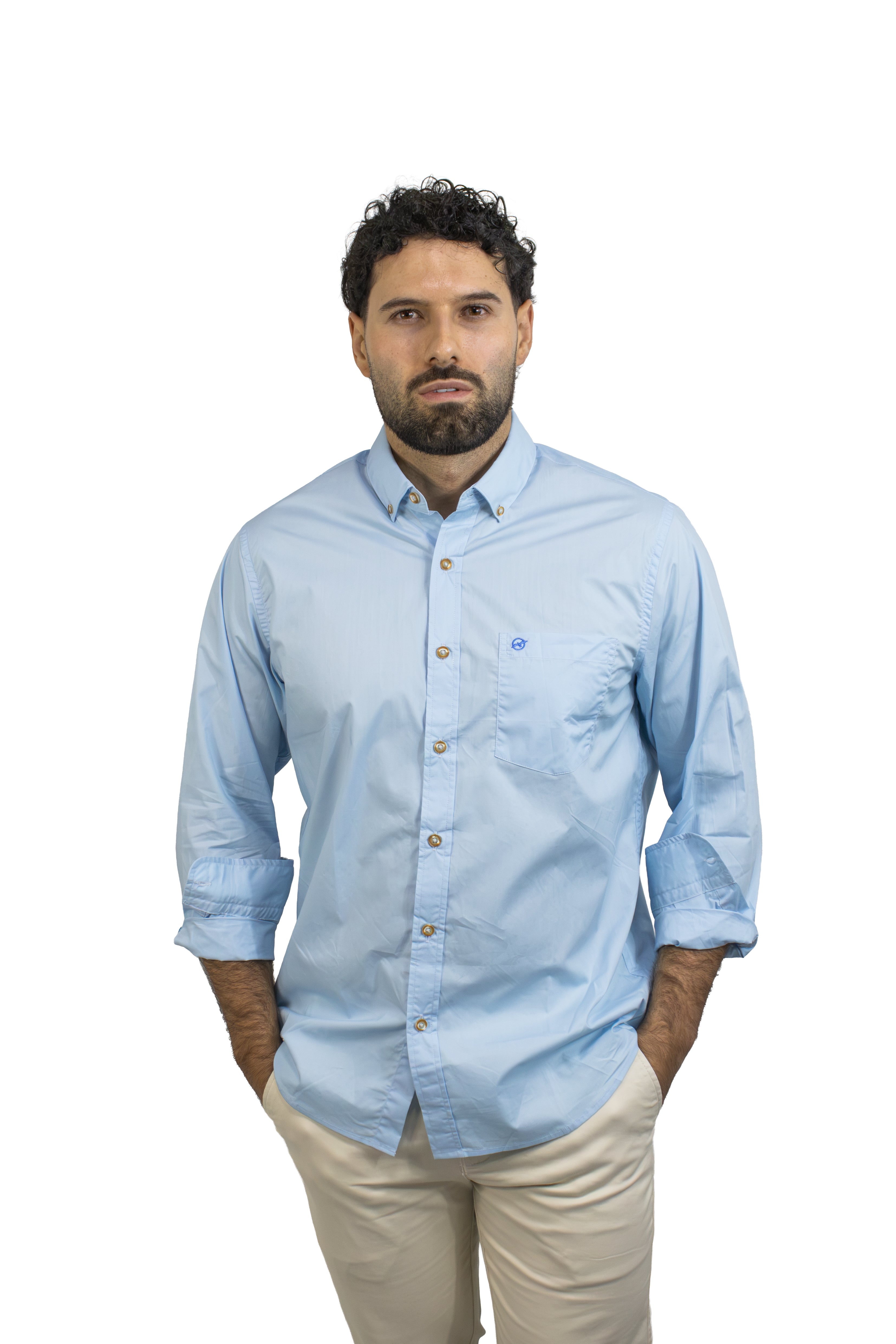 Camisa Manga Larga Azul Para Hombre