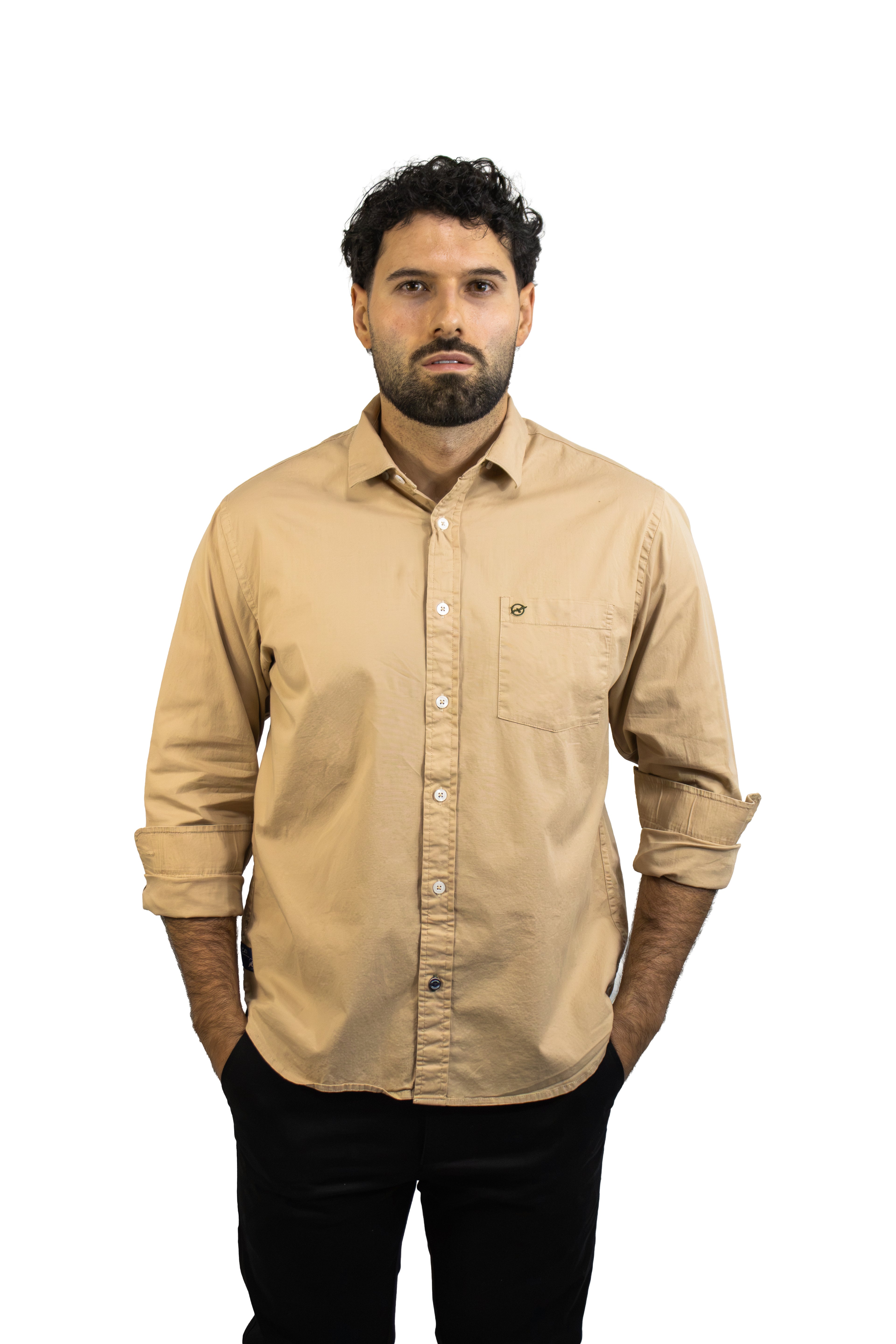 CAMISA MANGA LARGA CAFE EN POPELINA PARA HOMBRE