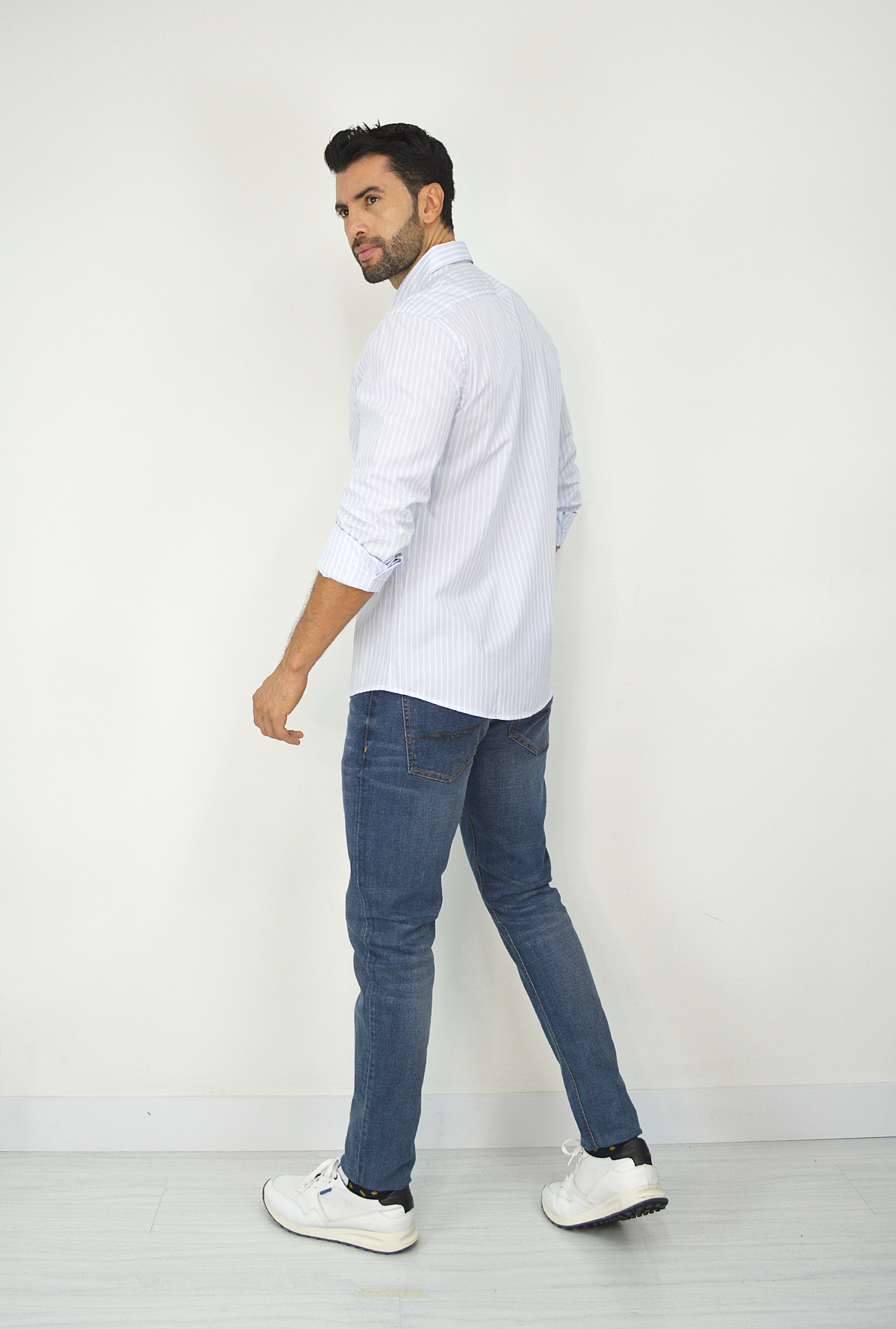 Camisa manga larga blanca con azul para Hombre CML3082