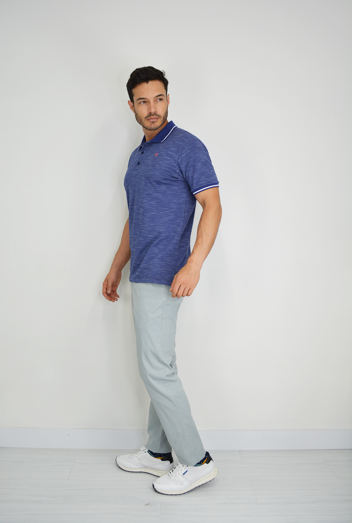 Camiseta Tipo Polo Azul con Tejido Brasileño CP027 Para Hombre