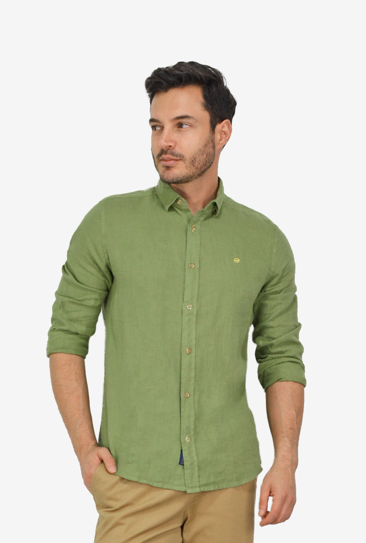 Camisa verde de lino manga larga CML3053