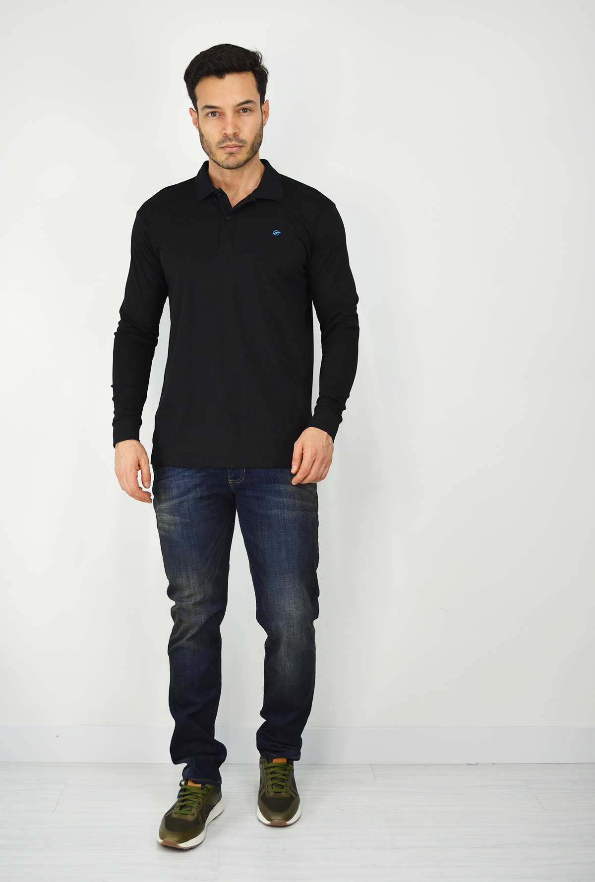 Polo Manga Larga Para Hombre Negro CPL3039