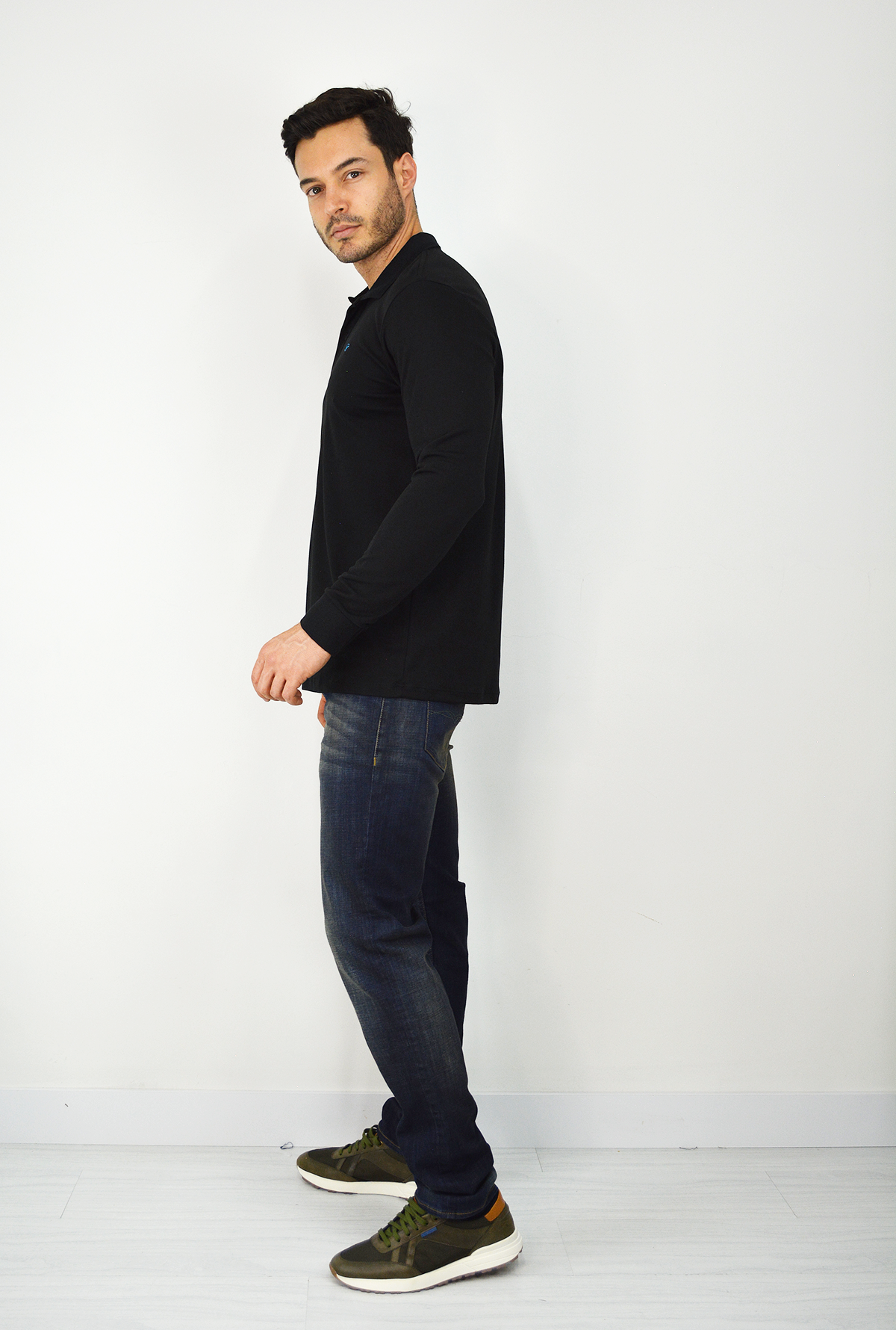 Polo Manga Larga Para Hombre Negro CPL3039
