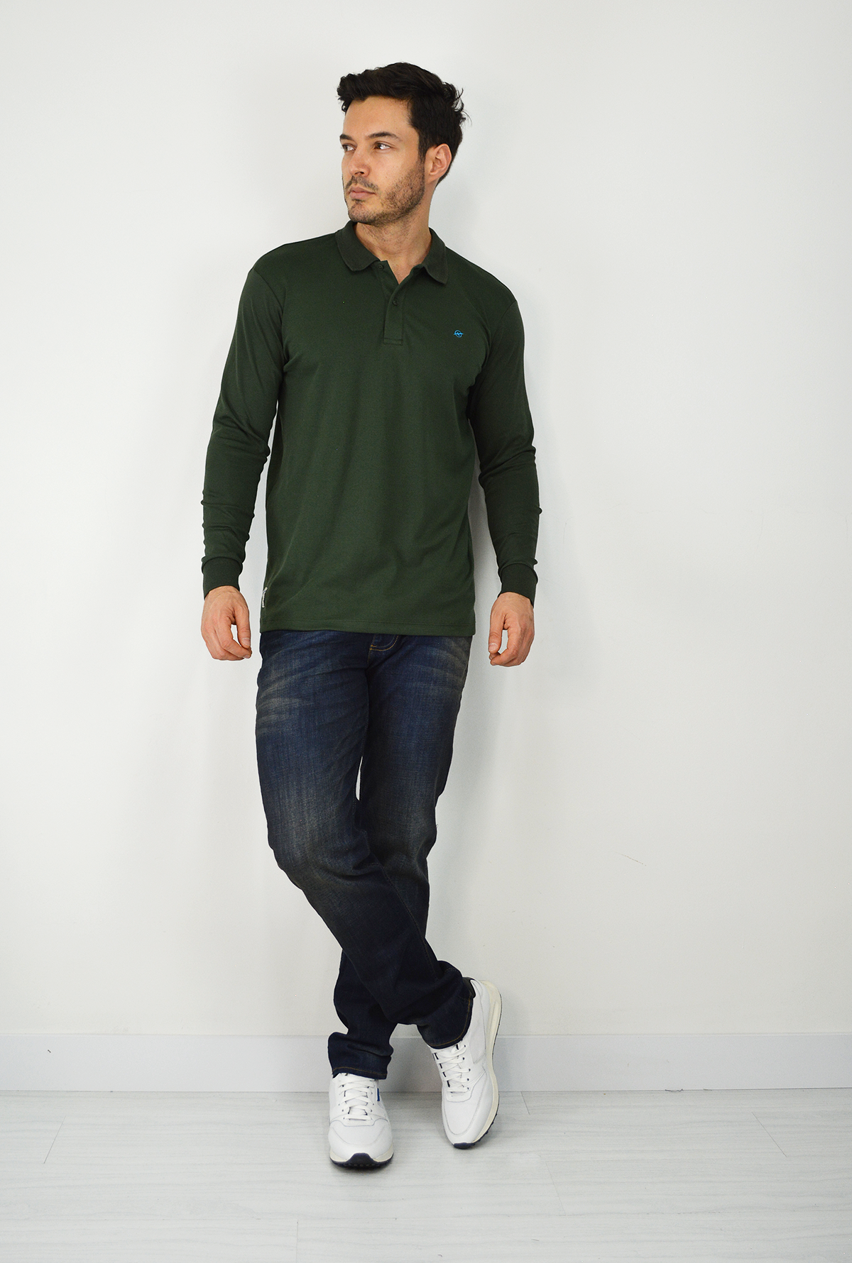 Polo Manga Larga Para Hombre Verde Militar CPL3039