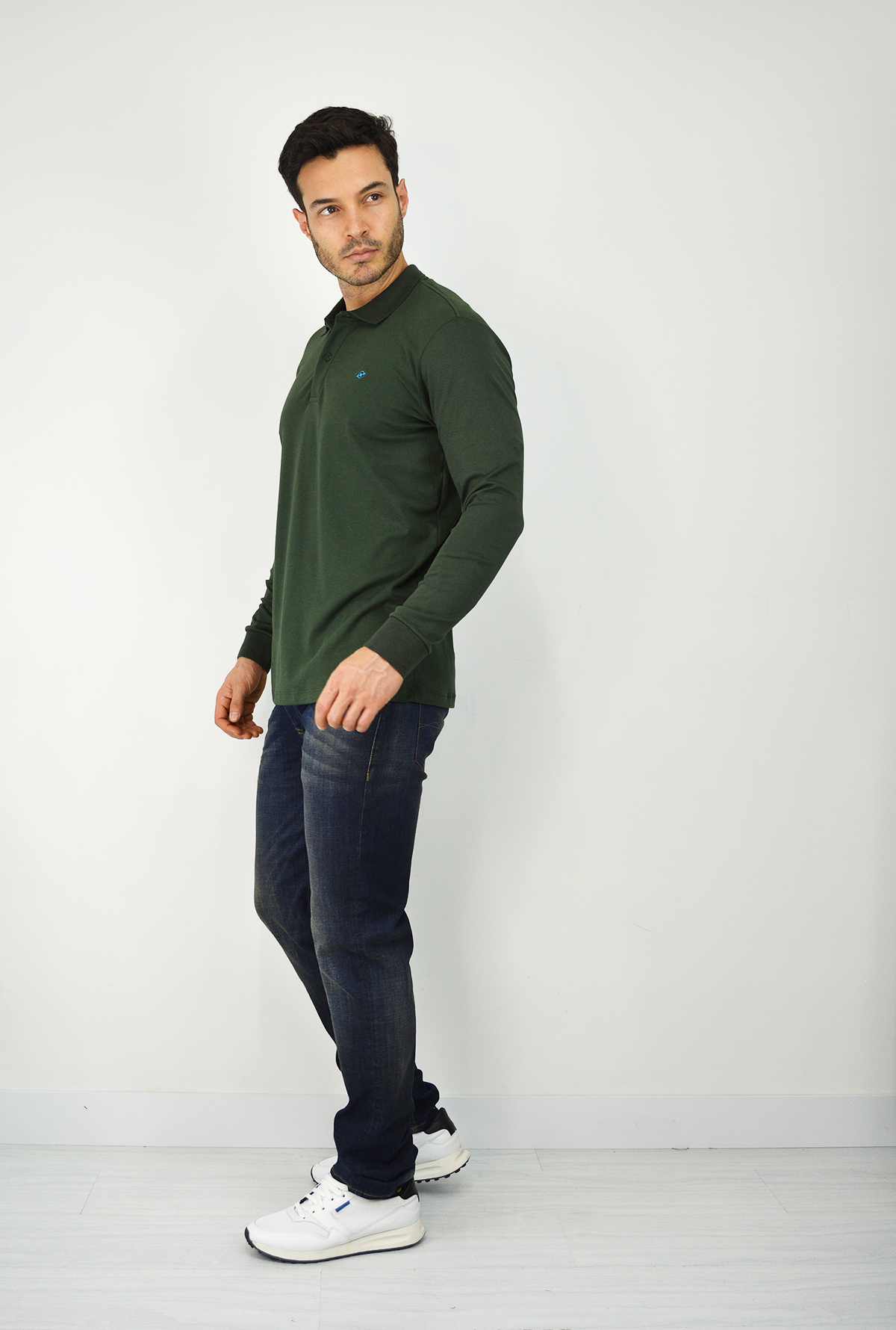 Polo Manga Larga Para Hombre Verde Militar CPL3039
